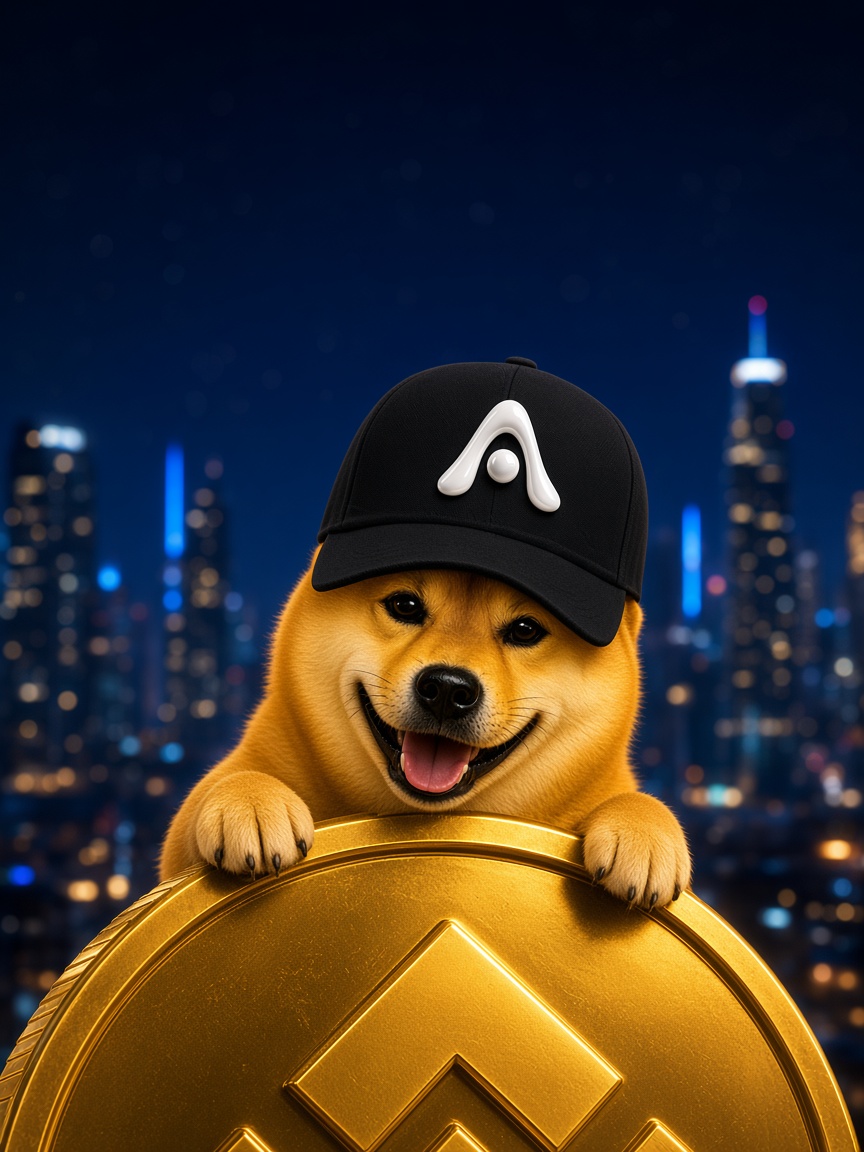 Anima Inu peeking over a gold coin at night